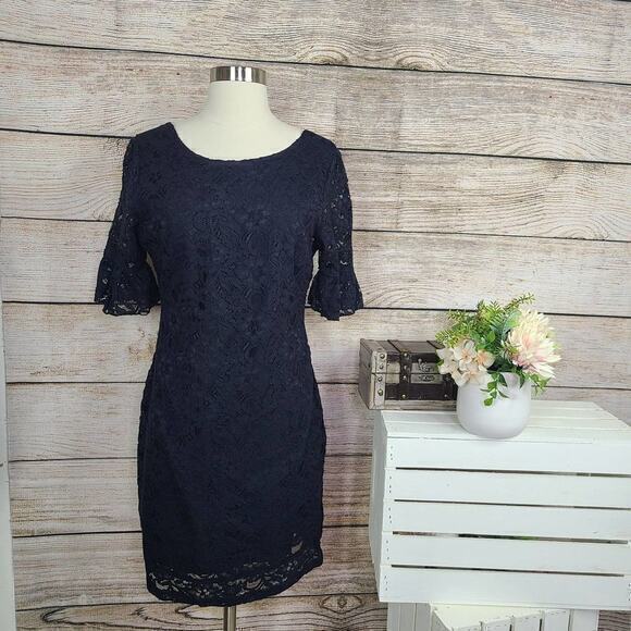 NWT Tulle Lace Navy Bell Sleeve‎ Sheath Dress - Picture 1 of 4